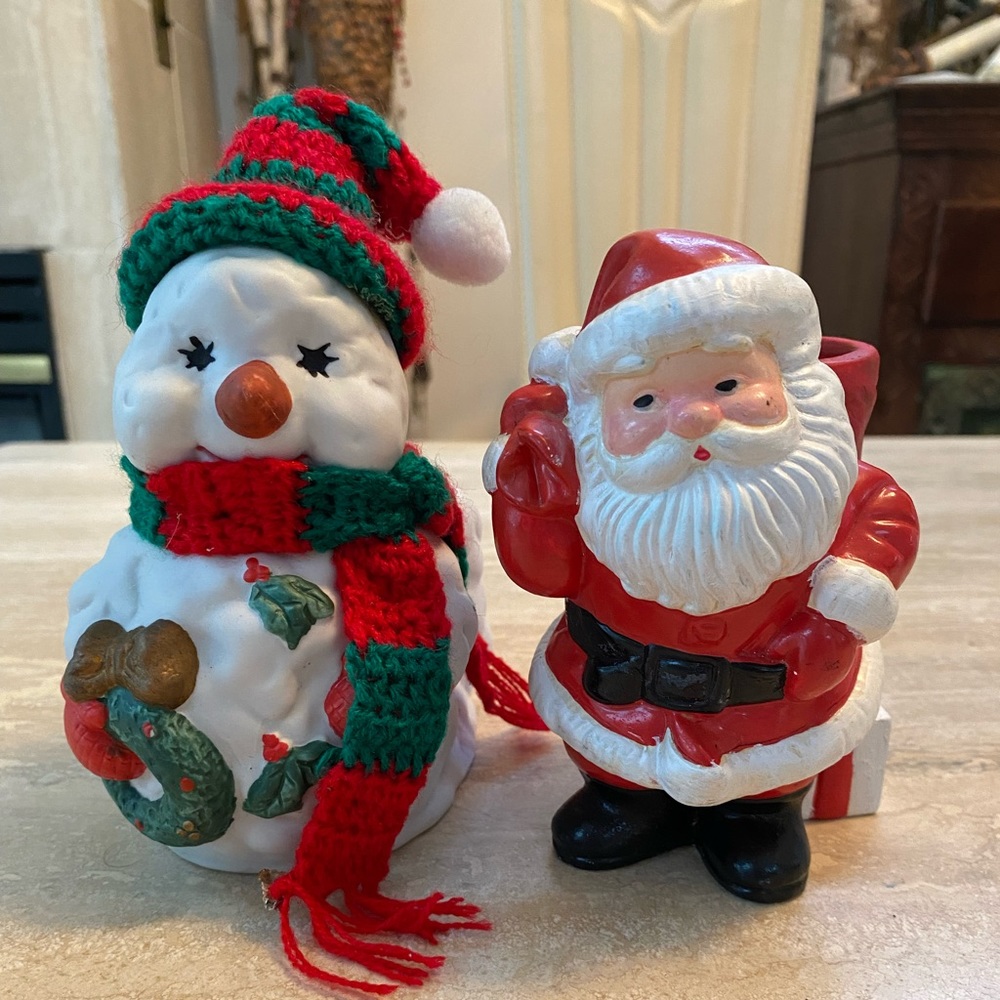 Vintage Christmas Figurines Santa and Snowman. Very Cute, Nostalgic Warm Decor